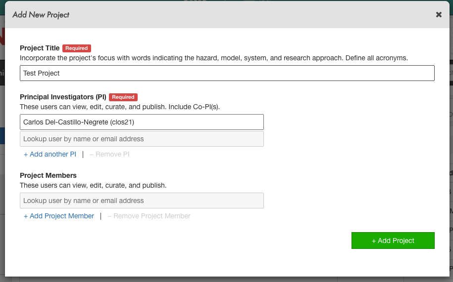 Creating a new project in DesignSafeβs Data Depot.